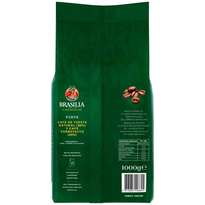 Brasilia Forte Mezcla Café Tostado en grano 1Kg. Calidad Nestlé trasera