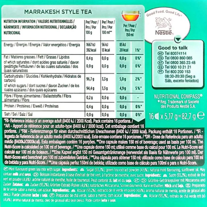 Valor energetico Marrakesh Style Tea 16 unidades Dolce Gusto